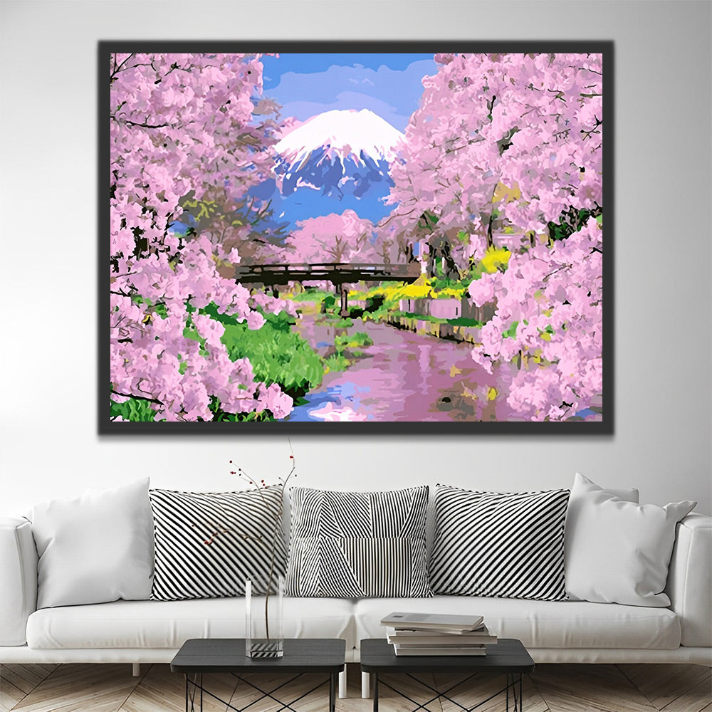 Der Fuji und rosa Blumen Malen nach Zahlen