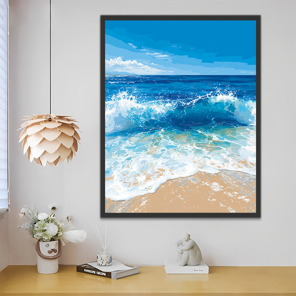 Die blauen Wellen spülen an den Strand Malen nach Zahlen