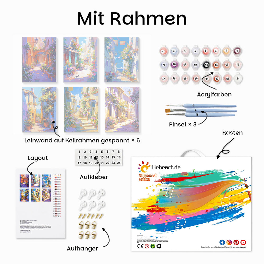 Die Sonne scheint auf die europäische Stadt 6 Stück Mini Malen nach Zahlen