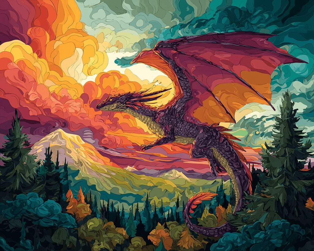 Drache fliegt über den Wald Malen nach Zahlen