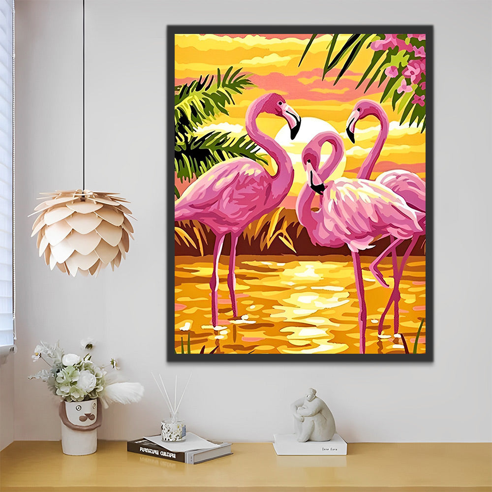 Drei Flamingos bei Sonnenuntergang Malen nach Zahlen