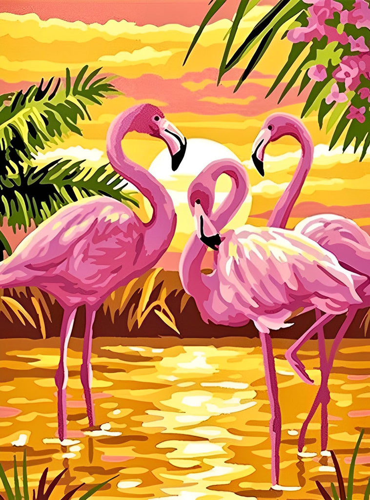 Drei Flamingos bei Sonnenuntergang Malen nach Zahlen