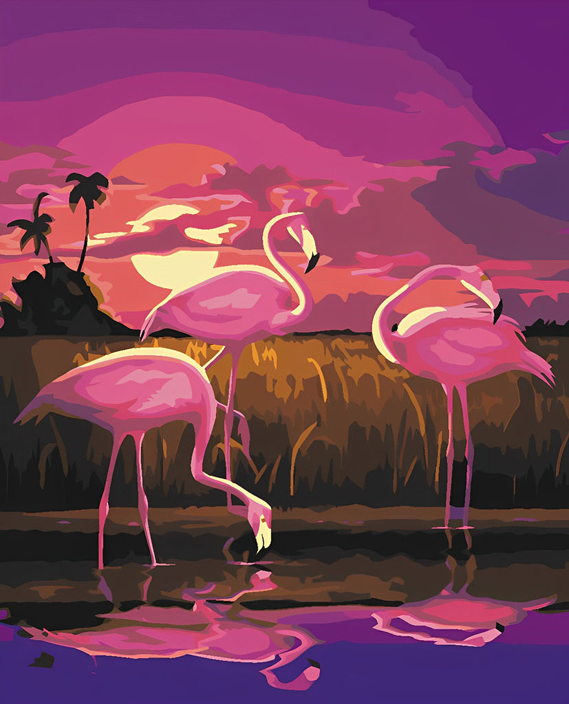 Drei rosa Flamingos bei Sonnenuntergang Malen nach Zahlen