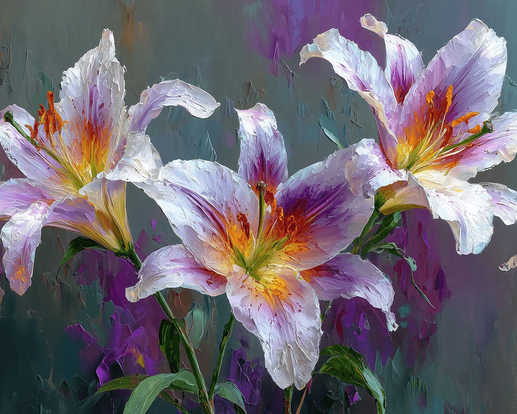 Drei weiße und violette Lilien Malen nach Zahlen