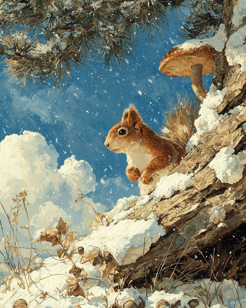 Eichhörnchen unter einem Tannenbaum im Winterschnee Malen nach Zahlen