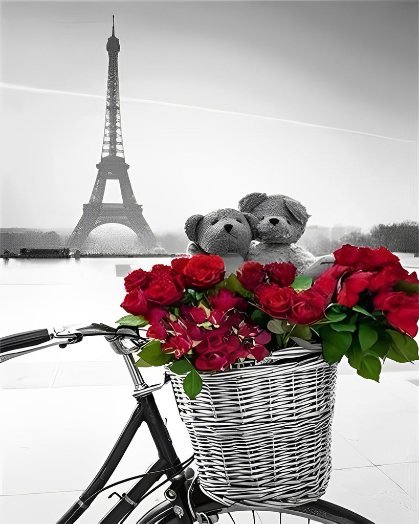 Eiffelturm und rote Rosen im Fahrrad Malen nach Zahlen