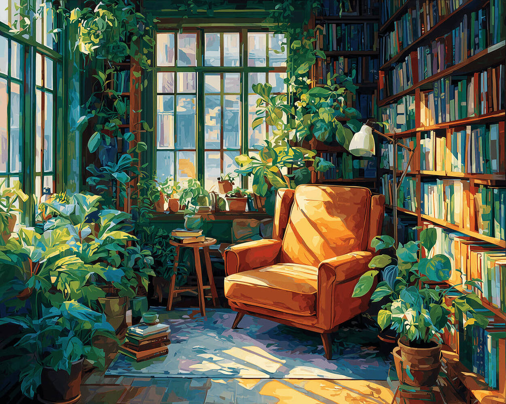 Ein Arbeitszimmer mit Grünpflanzen und Büchern Malen nach Zahlen