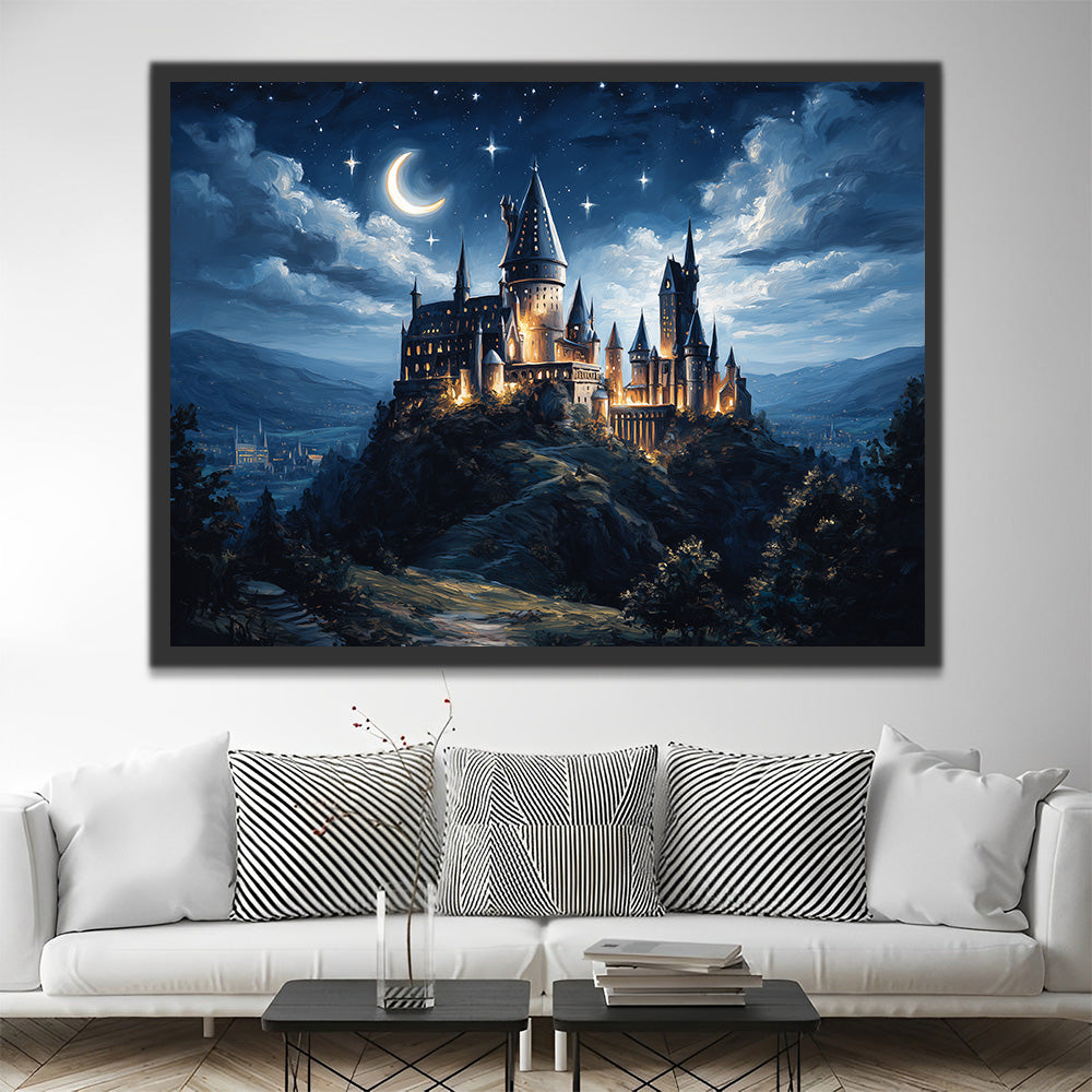 Ein Bergschloss unter dem Sternenhimmel Malen nach Zahlen