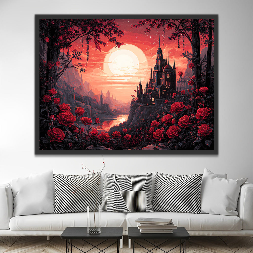 Ein Bergschloss voller roter Rosen Malen nach Zahlen