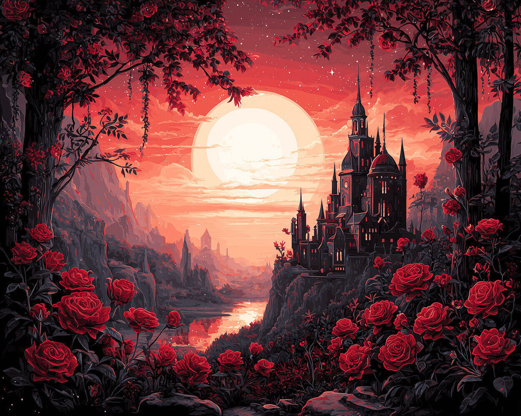 Ein Bergschloss voller roter Rosen Malen nach Zahlen