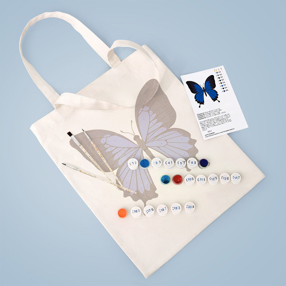 Ein Blauer und Schwarzer Schmetterling Leinwand Tragetasche Malen nach Zahlen