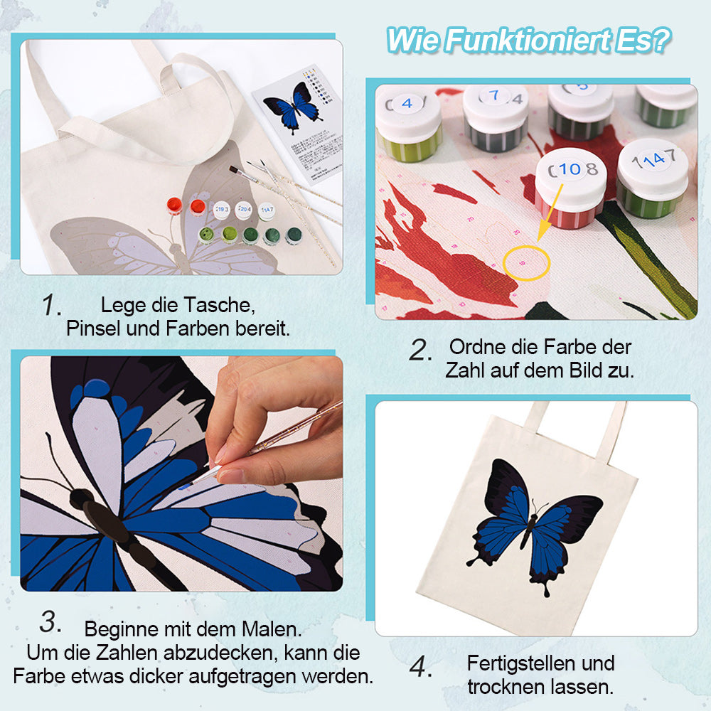 Ein Blauer und Schwarzer Schmetterling Leinwand Tragetasche Malen nach Zahlen