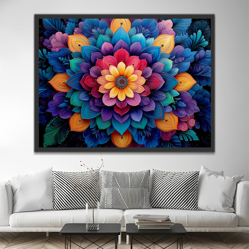 Ein farbenprächtiges und mehrschichtiges Lotus-Mandala Malen nach Zahlen