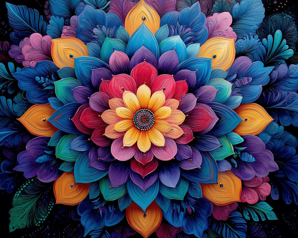 Ein farbenprächtiges und mehrschichtiges Lotus-Mandala Malen nach Zahlen