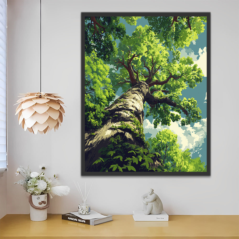 Ein hoch aufragender grüner Baum Malen nach Zahlen
