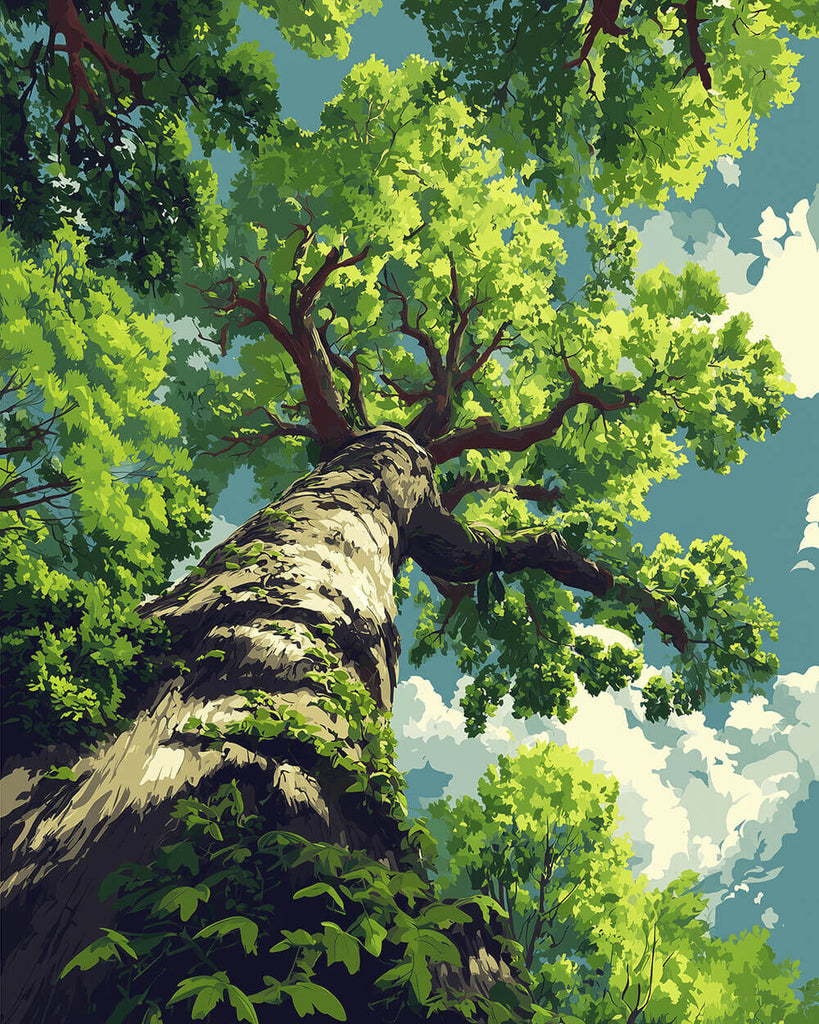 Ein hoch aufragender grüner Baum Malen nach Zahlen