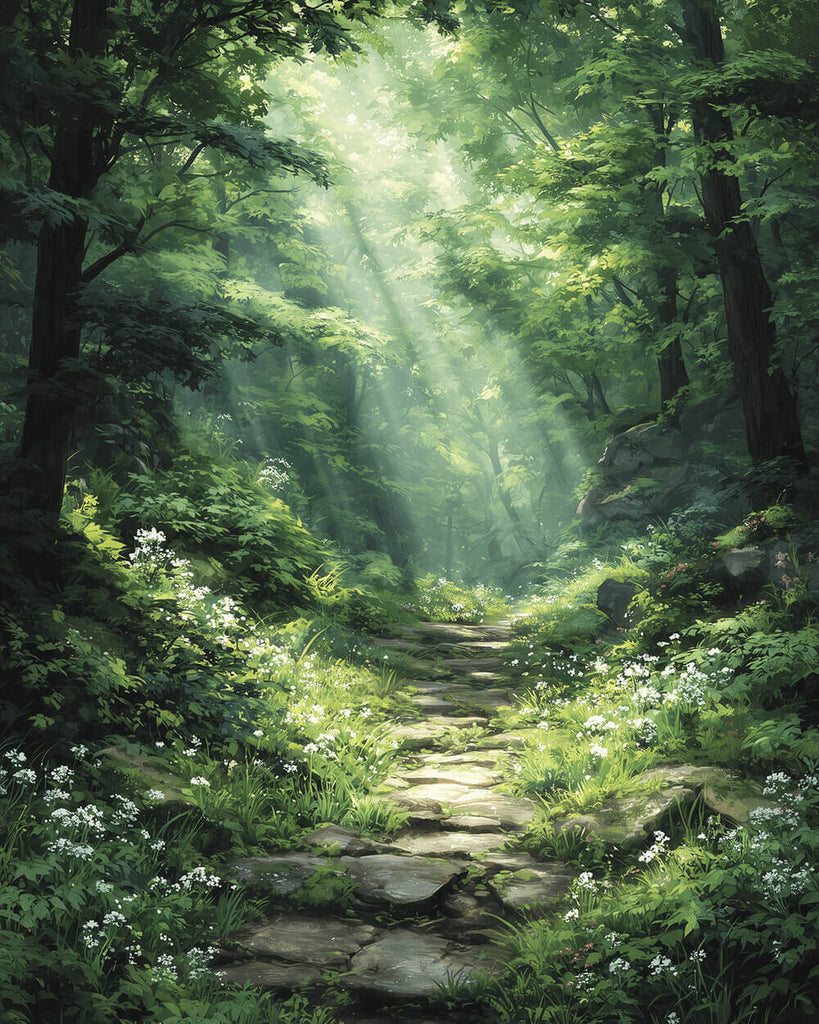 Ein Pfad im sonnigen Wald Malen nach Zahlen