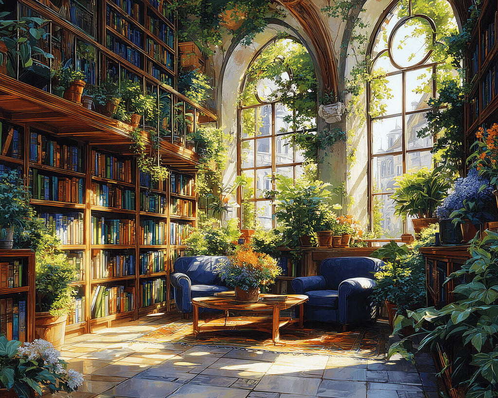 Ein Studierzimmer mit viel Grün und Bücherregalen Malen nach Zahlen