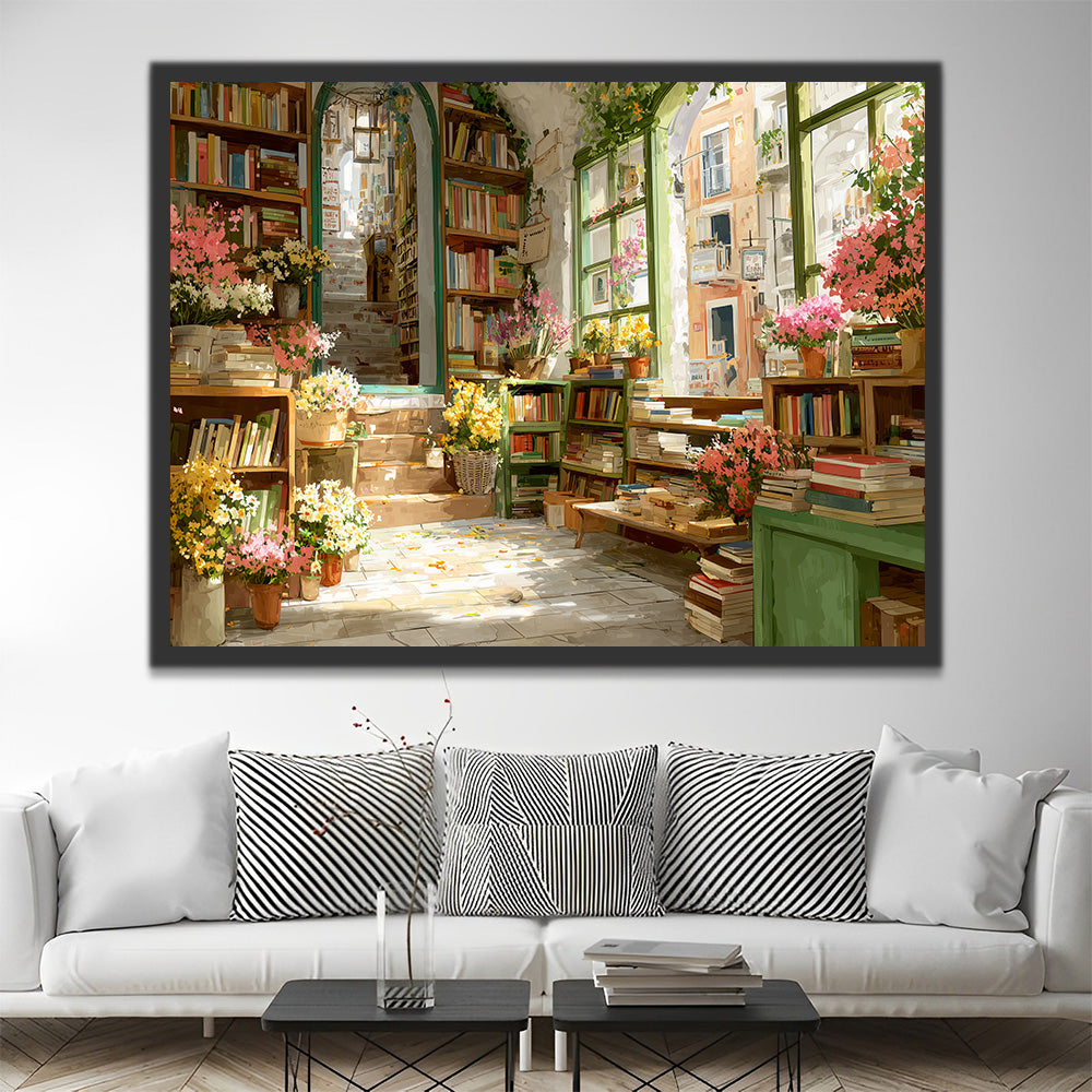 Eine Buchhandlung voller Blumen Malen nach Zahlen
