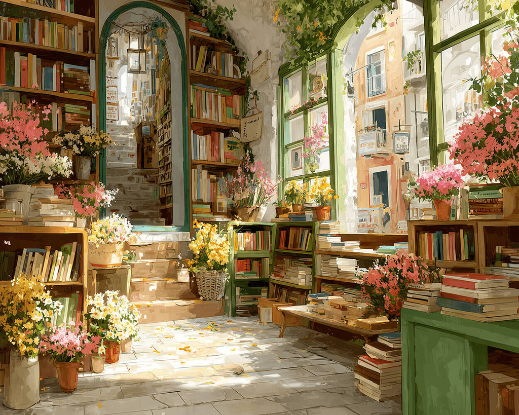 Eine Buchhandlung voller Blumen Malen nach Zahlen