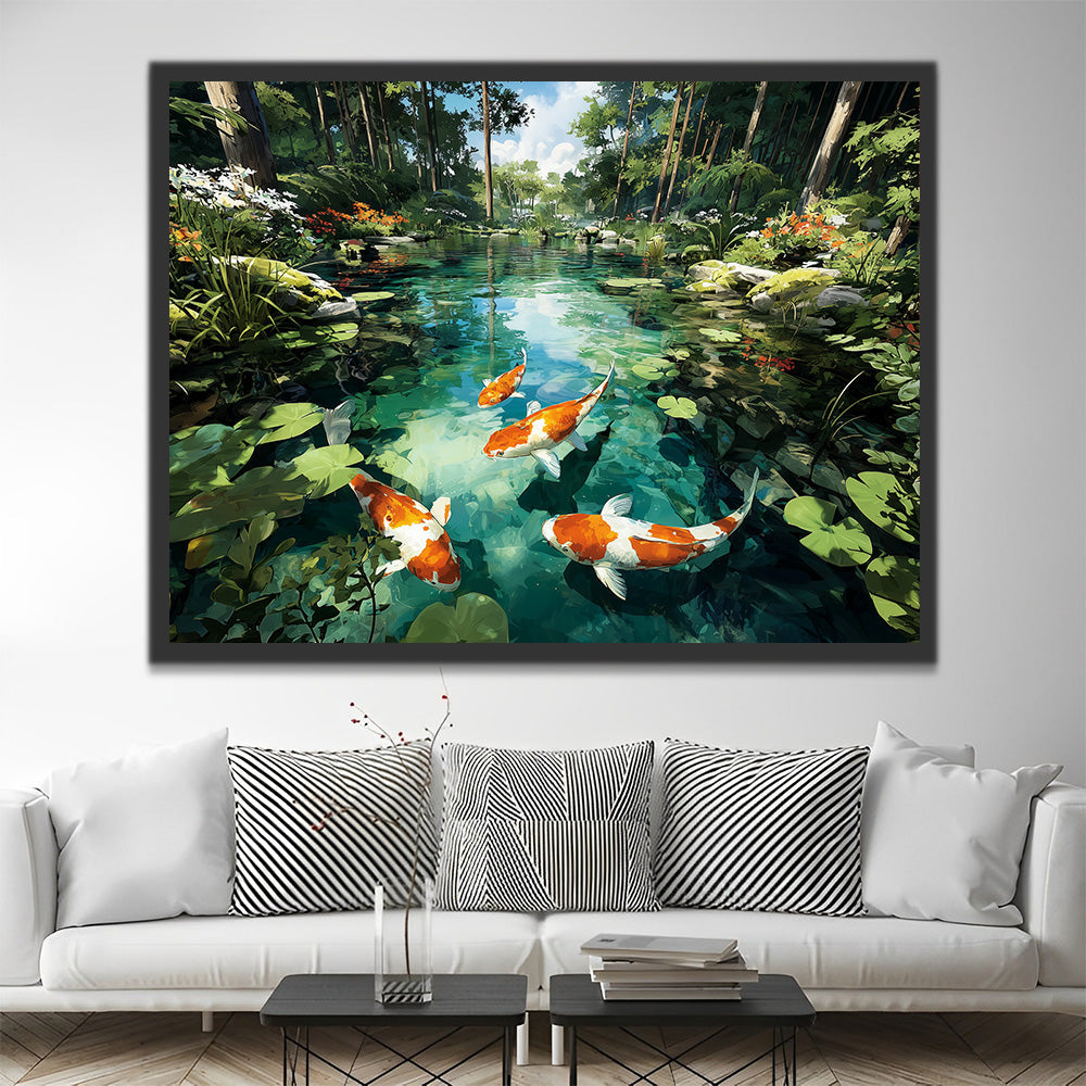 Eine Gruppe von Koi in einem Waldteich Malen nach Zahlen