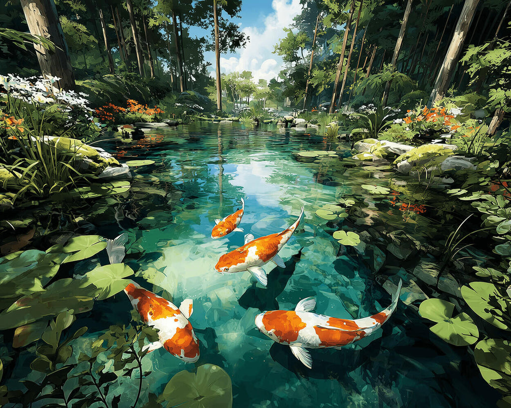 Eine Gruppe von Koi in einem Waldteich Malen nach Zahlen