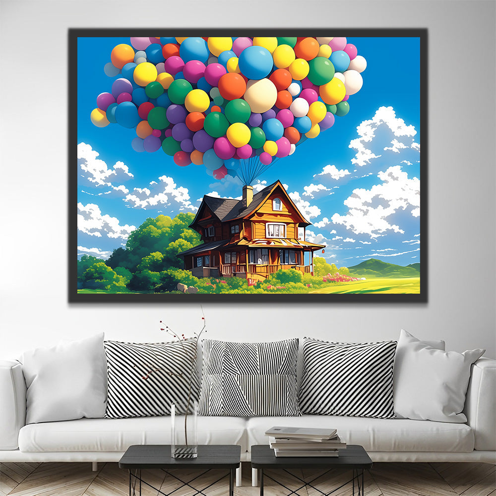 Eine Hütte mit bunten Luftballons auf der Wiese Malen nach Zahlen