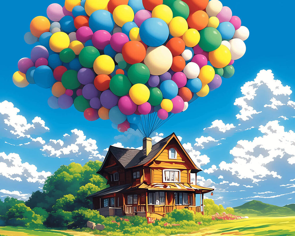 Eine Hütte mit bunten Luftballons auf der Wiese Malen nach Zahlen