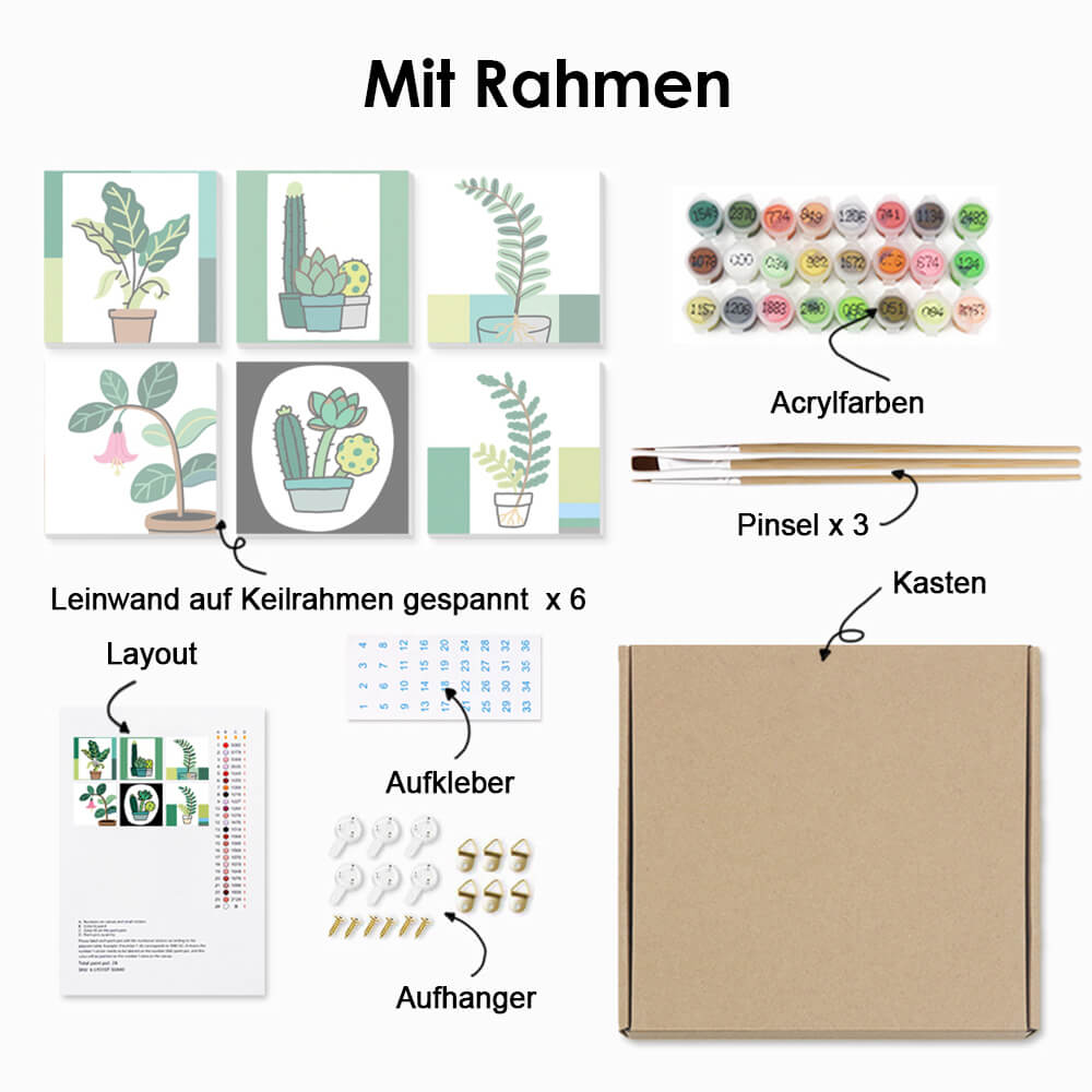 Einfache Grüne Topfpflanzen 6 Stück Mini Malen nach Zahlen