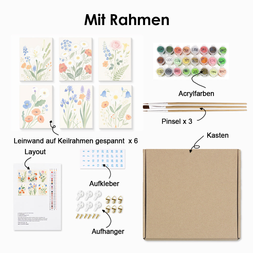 Einfache und Reine Blumen und Blätter 6 Stück Mini Malen nach Zahlen