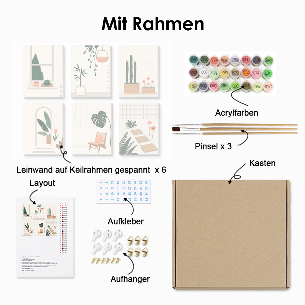 Einfache und Ruhige Grüne Pflanzen 6 Stück Mini Malen nach Zahlen