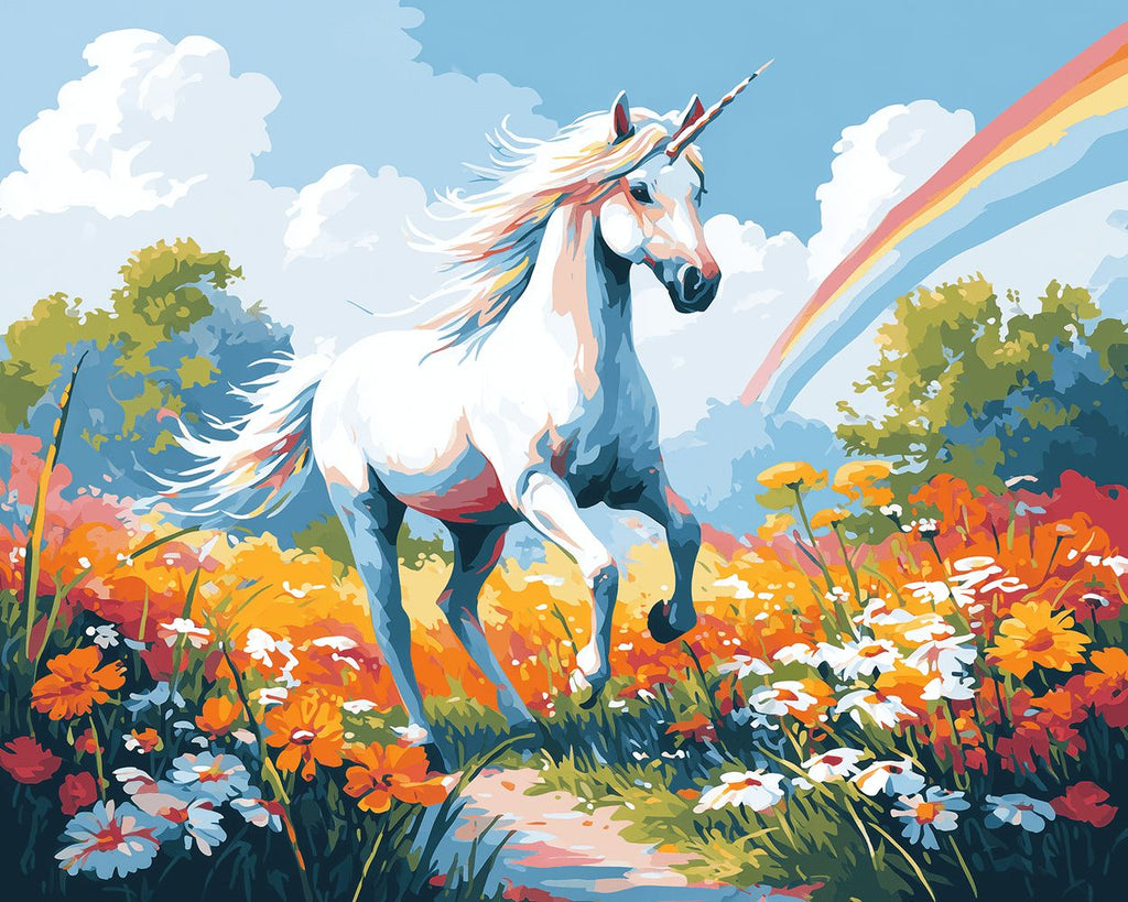 Einhorn läuft im Blumenfeld Malen nach Zahlen