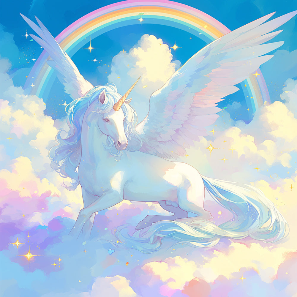 Einhorn und Regenbogen auf Wolken Malen nach Zahlen