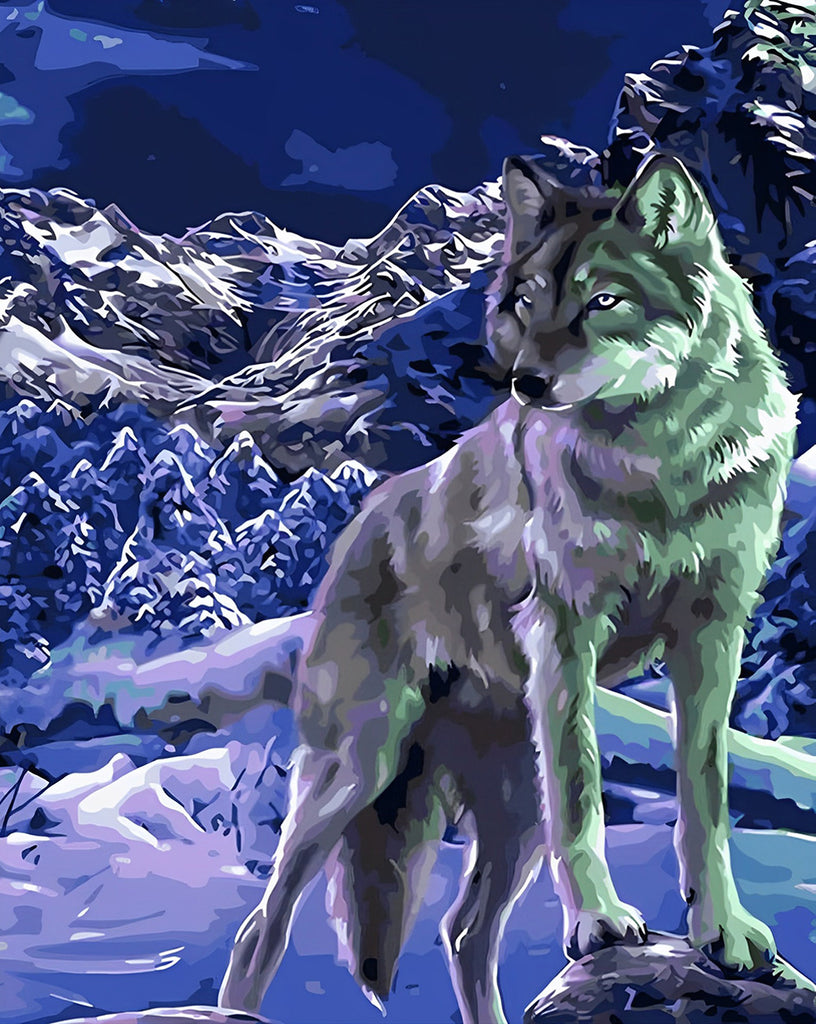 Einsamer Wolf in der Schneenacht Malen nach Zahlen