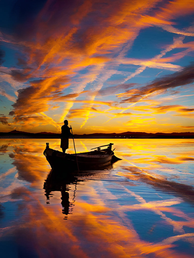 Einsames Boot, bunte Wolken und Meer Malen nach Zahlen