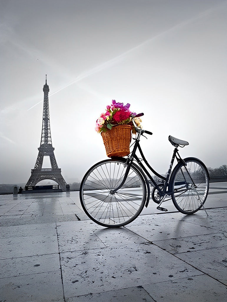 Fahrrad mit Blumen vor dem Eiffelturm Malen nach Zahlen