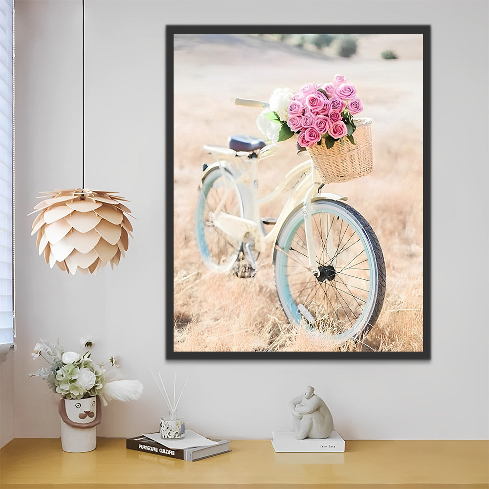 Fahrrad mit rosa Blumen auf der Steppe Malen nach Zahlen