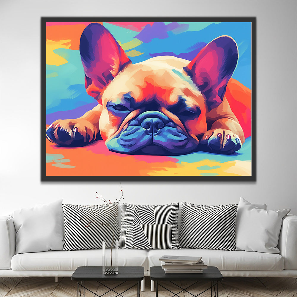 Farbige Französische Bulldogge auf dem Boden liegend Malen nach Zahlen