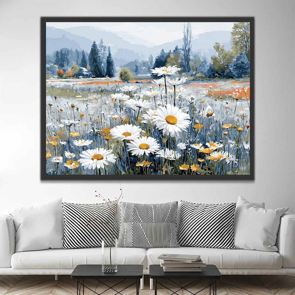 Feld mit weißen Gänseblümchen in der Natur Malen nach Zahlen