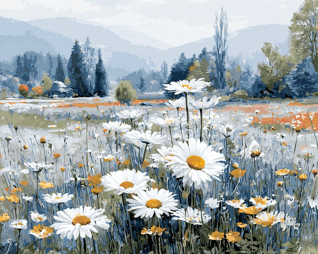 Feld mit weißen Gänseblümchen in der Natur Malen nach Zahlen