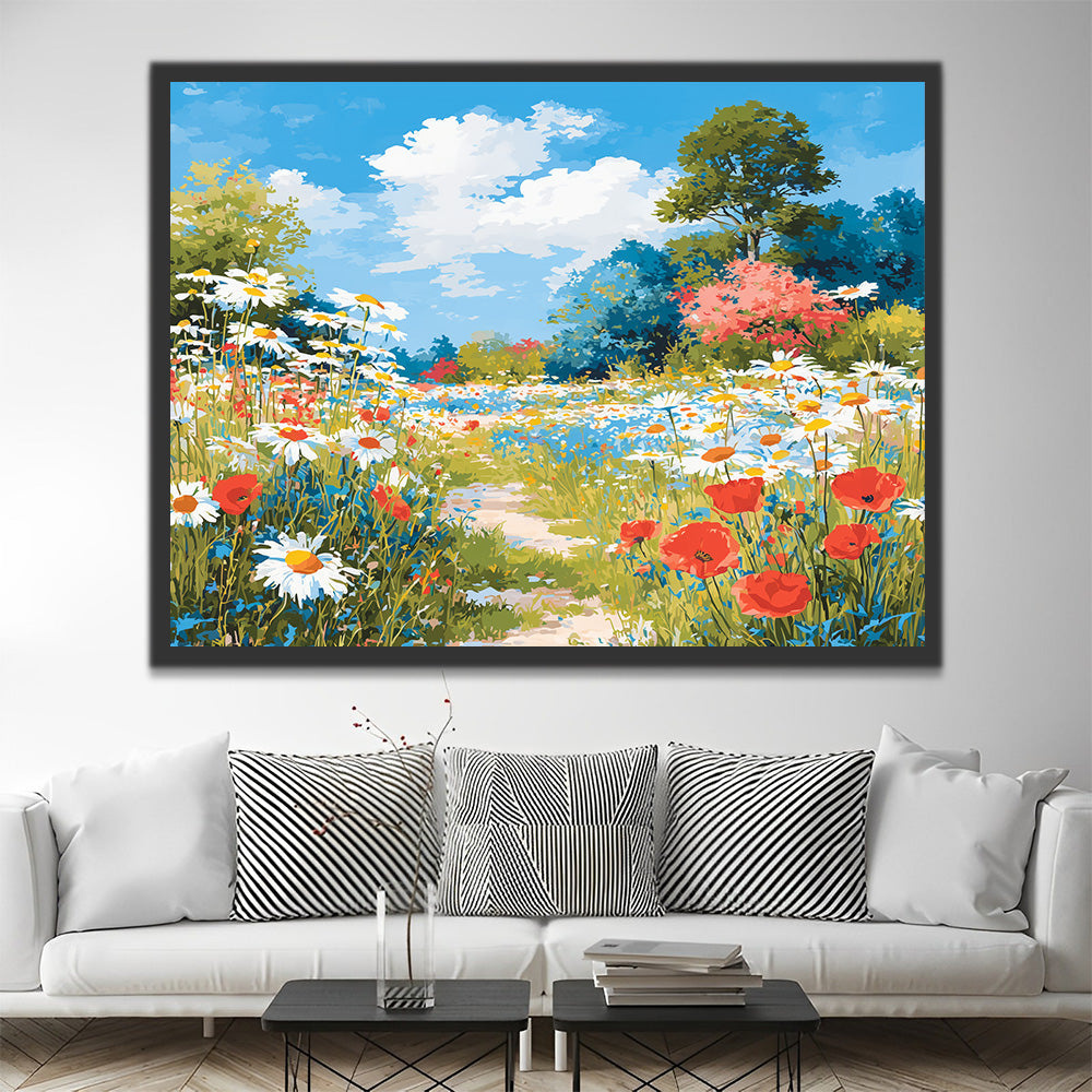 Felder mit weißen Gänseblümchen und roten Mohnblumen Malen nach Zahlen