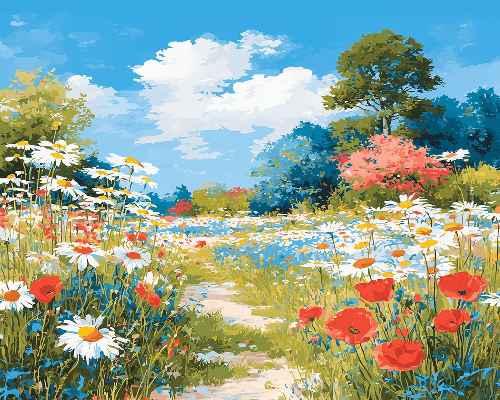 Felder mit weißen Gänseblümchen und roten Mohnblumen Malen nach Zahlen