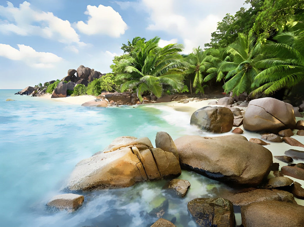 Felsen und Palmen am Strand Malen nach Zahlen