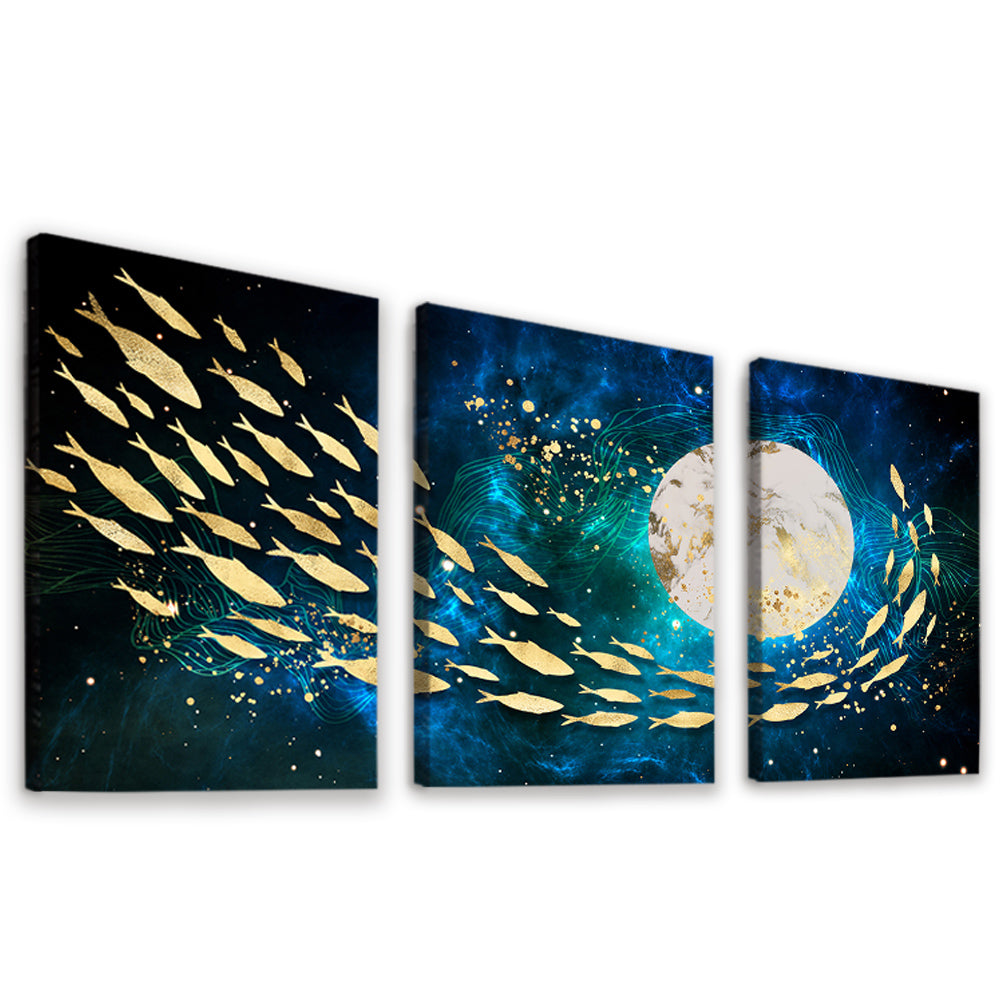 Fische und Vollmond 3-teilig Triptychon Malen nach Zahlen