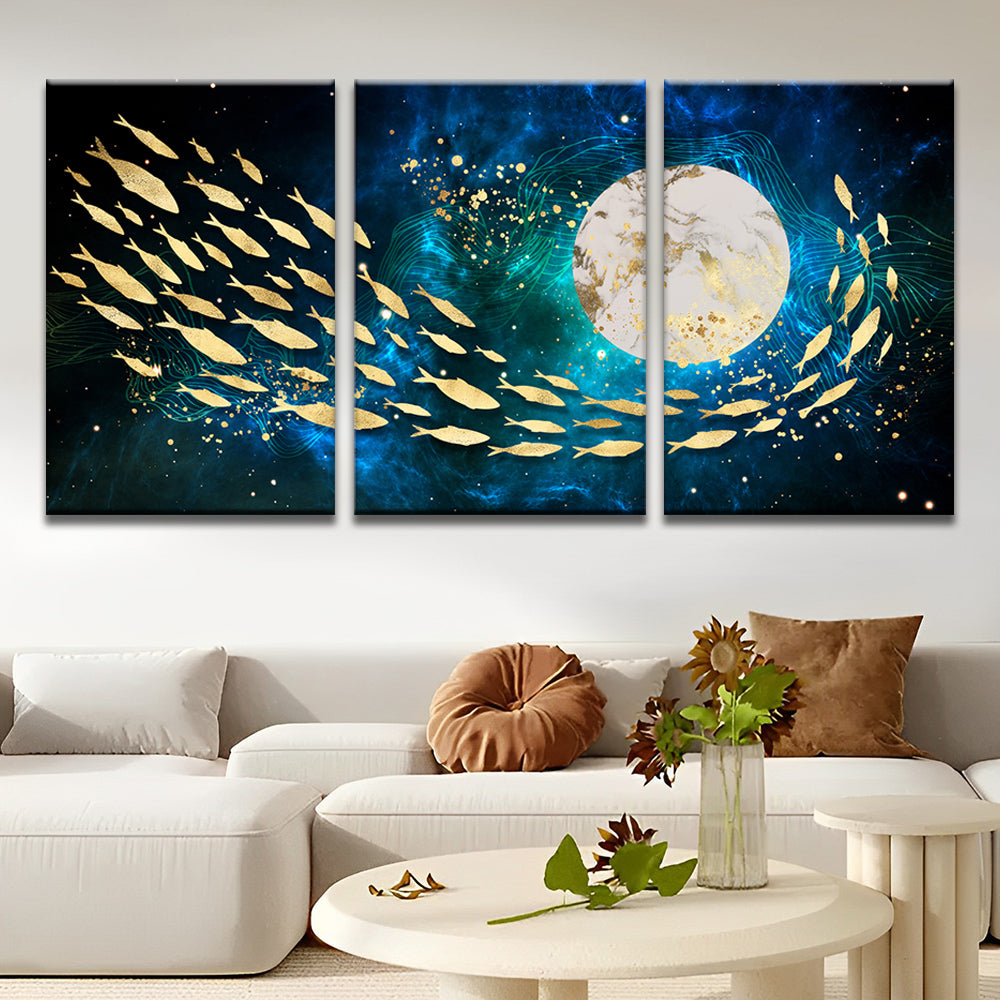 Fische und Vollmond 3-teilig Triptychon Malen nach Zahlen