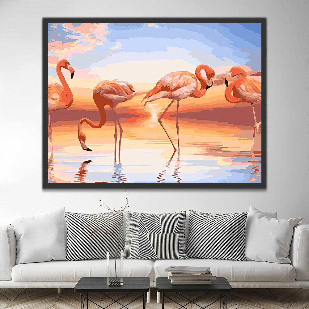 Flamingos auf dem See bei Sonnenaufgang Malen nach Zahlen