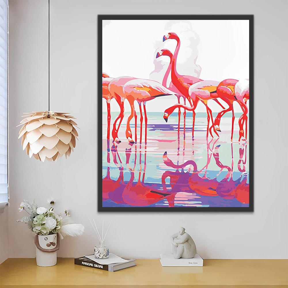 Flamingos und Spiegelbild im Wasser Malen nach Zahlen