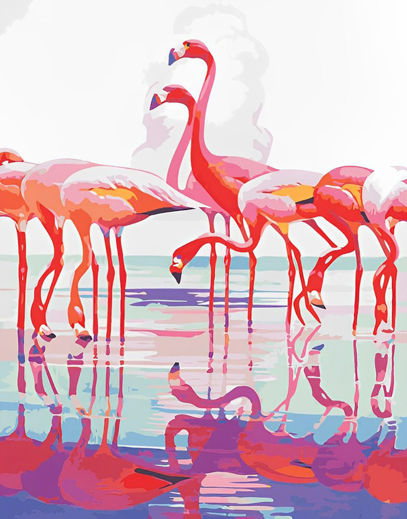 Flamingos und Spiegelbild im Wasser Malen nach Zahlen