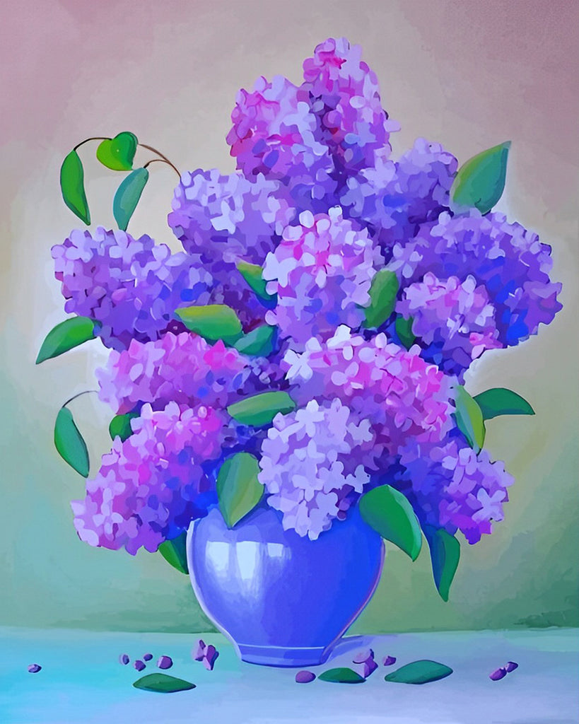 Flieder in einer blauen Blumenvase Malen nach Zahlen