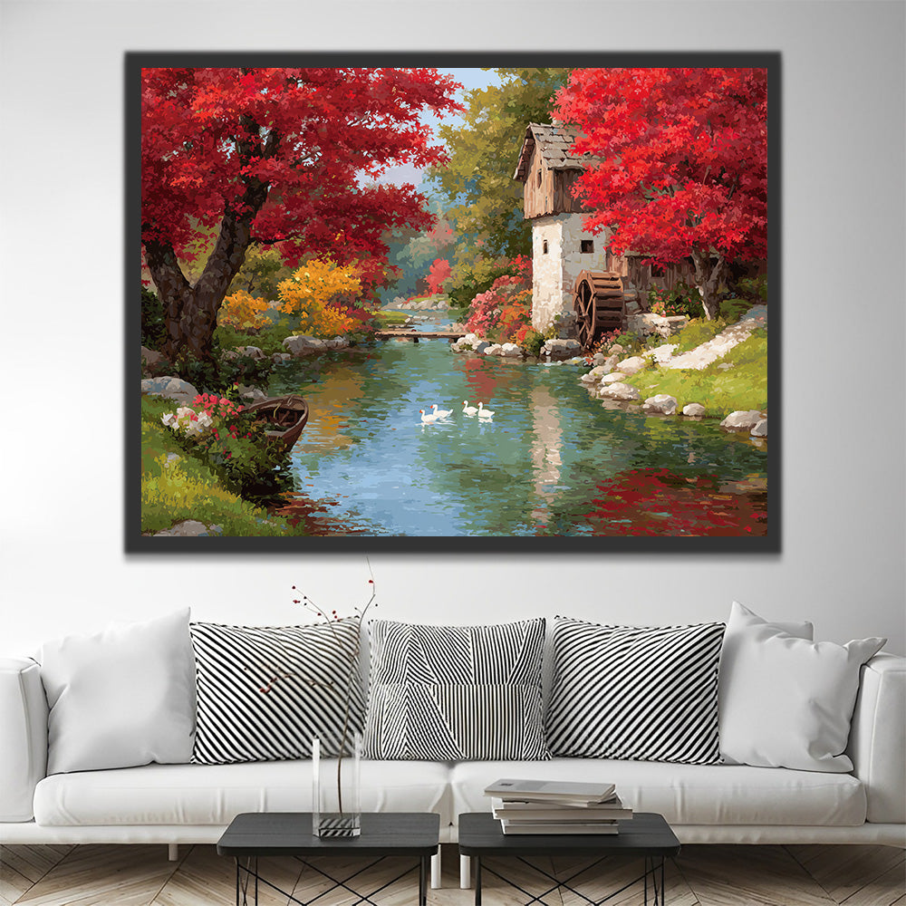 Fluss und kleines Haus im Wald Malen nach Zahlen